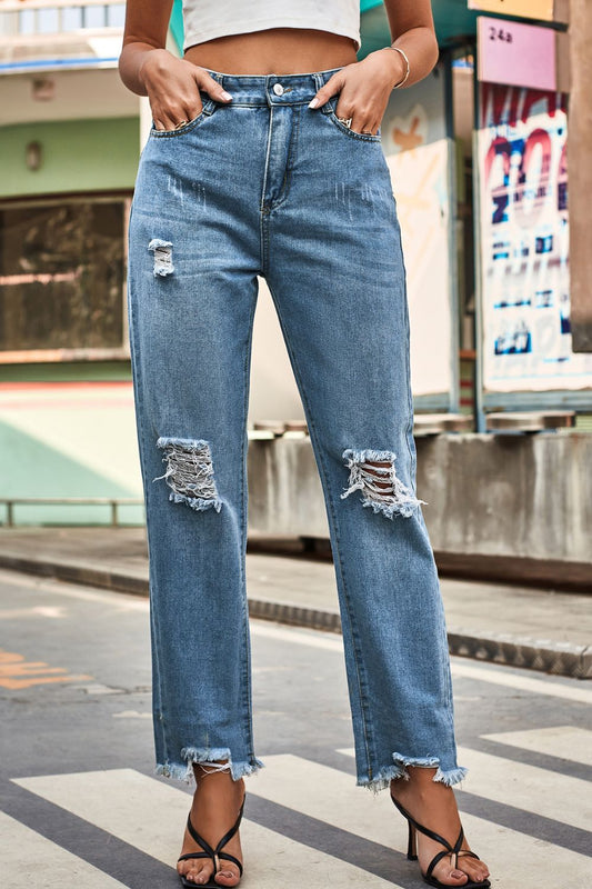 Distresssed Buttoned Loose Fit Jeans - Jeans - FITGGINS