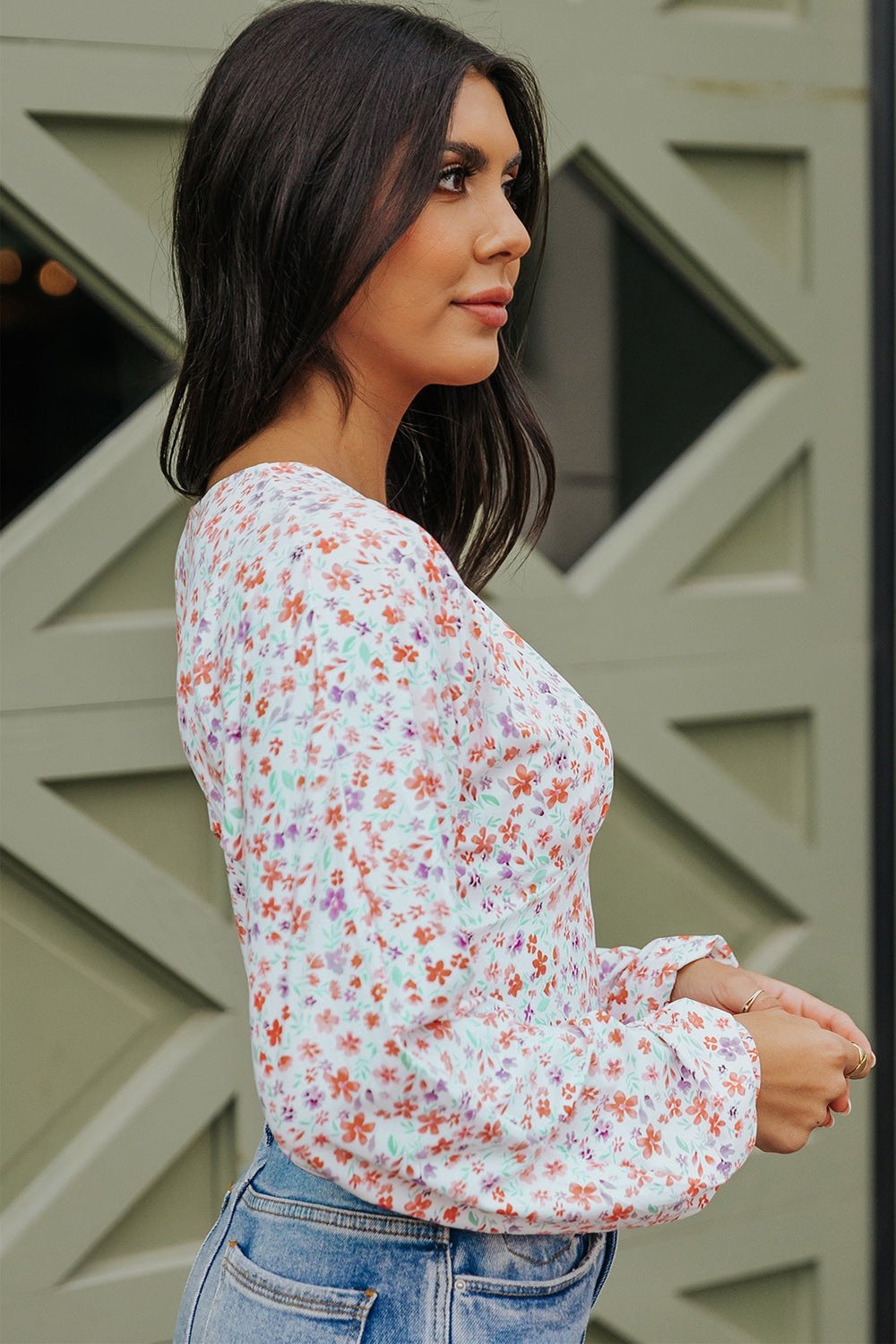 Ditsy Floral Long Sleeve Plunge Bodysuit - Bodysuits - FITGGINS