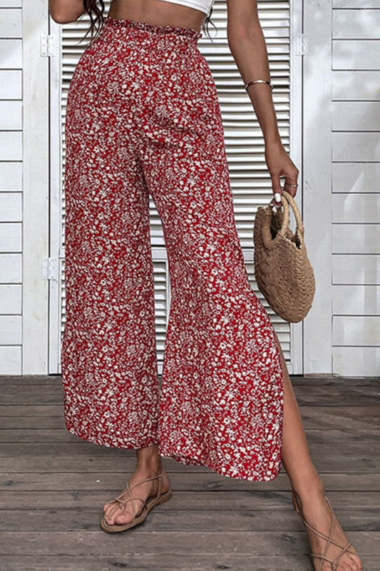 Ditsy Floral Slit Paperbag Waist Wide Leg Pants - Pants - FITGGINS