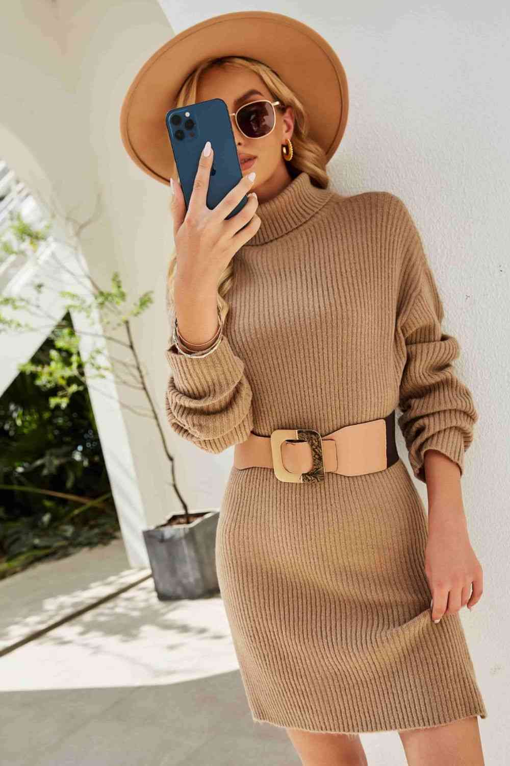 Double Take Rib-Knit Turtleneck Drop Shoulder Sweater Dress - Sweater Dresses - FITGGINS