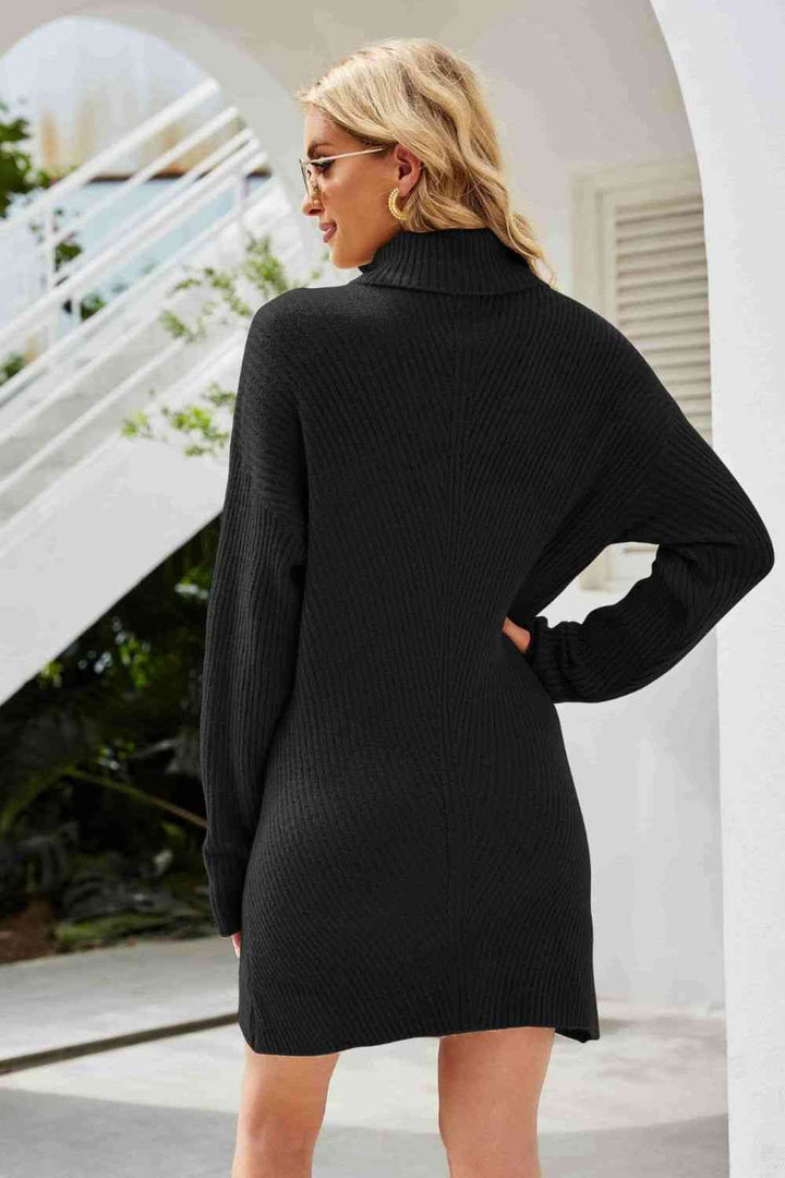 Double Take Rib-Knit Turtleneck Drop Shoulder Sweater Dress - Sweater Dresses - FITGGINS