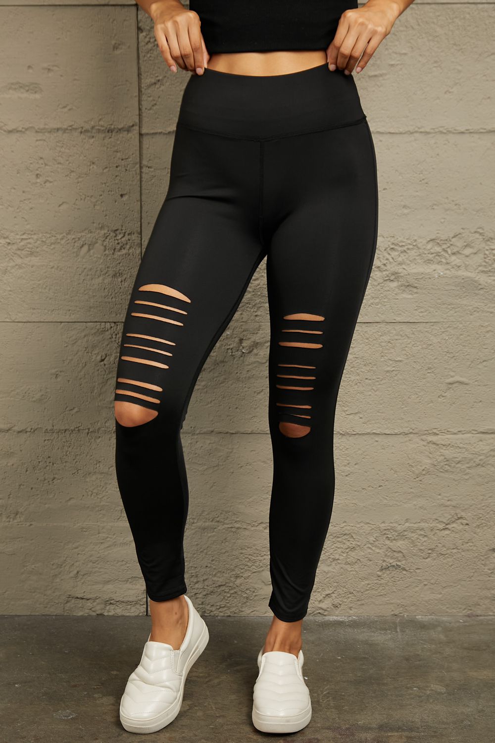 Double Take Wide Waistband Distressed Slim Fit Leggings - Leggings - FITGGINS