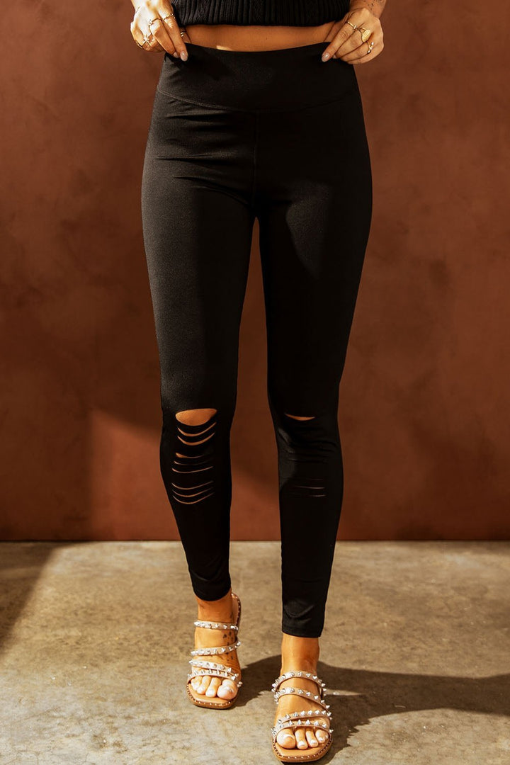 Double Take Wide Waistband Distressed Slim Fit Leggings - Leggings - FITGGINS