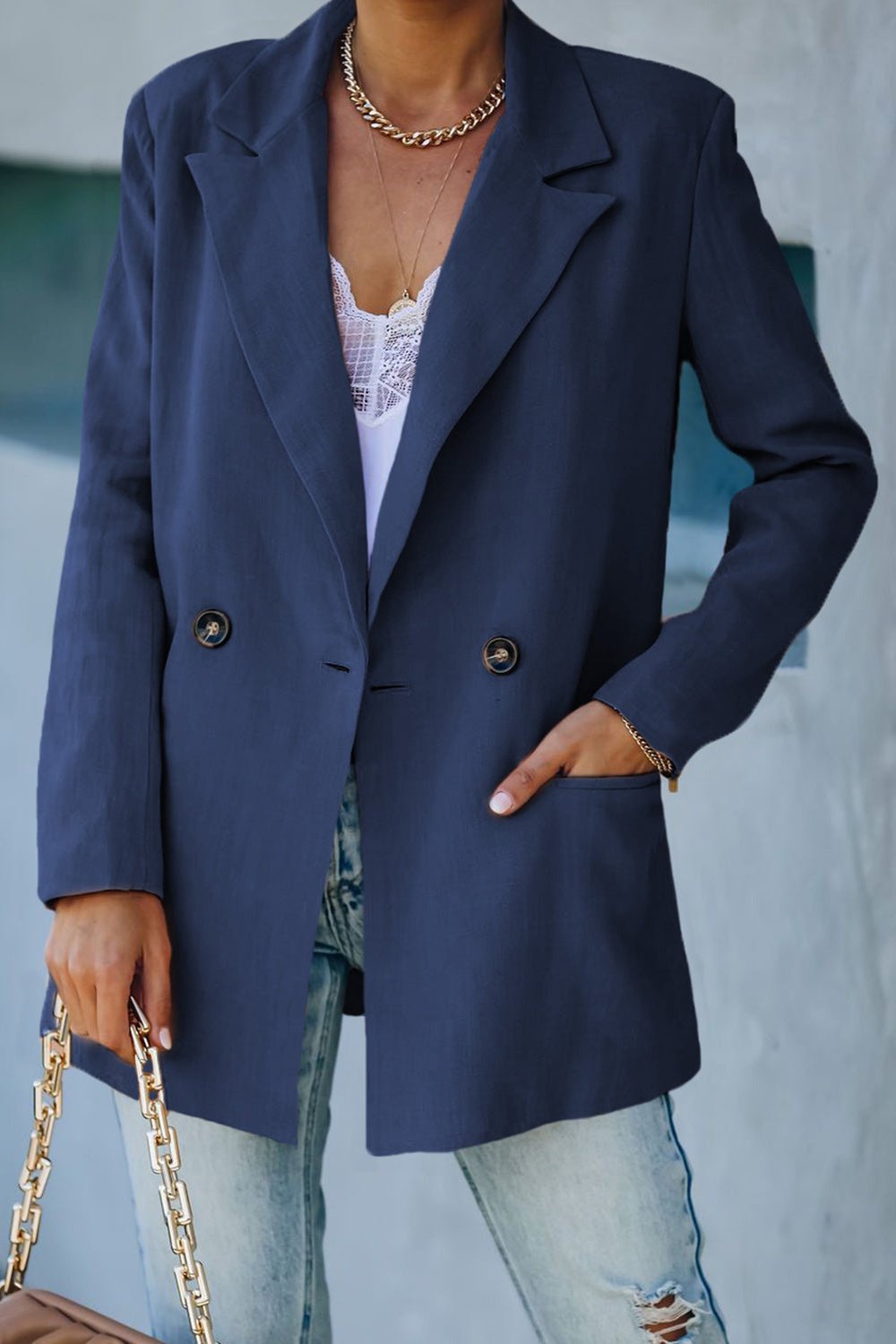 Double-Breasted Padded Shoulder Blazer with Pockets - Jackets - FITGGINS