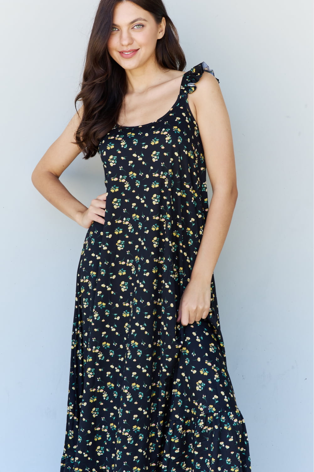 Doublju In The Garden Ruffle Floral Maxi Dress in Black Yellow Floral - Casual & Maxi Dresses - FITGGINS