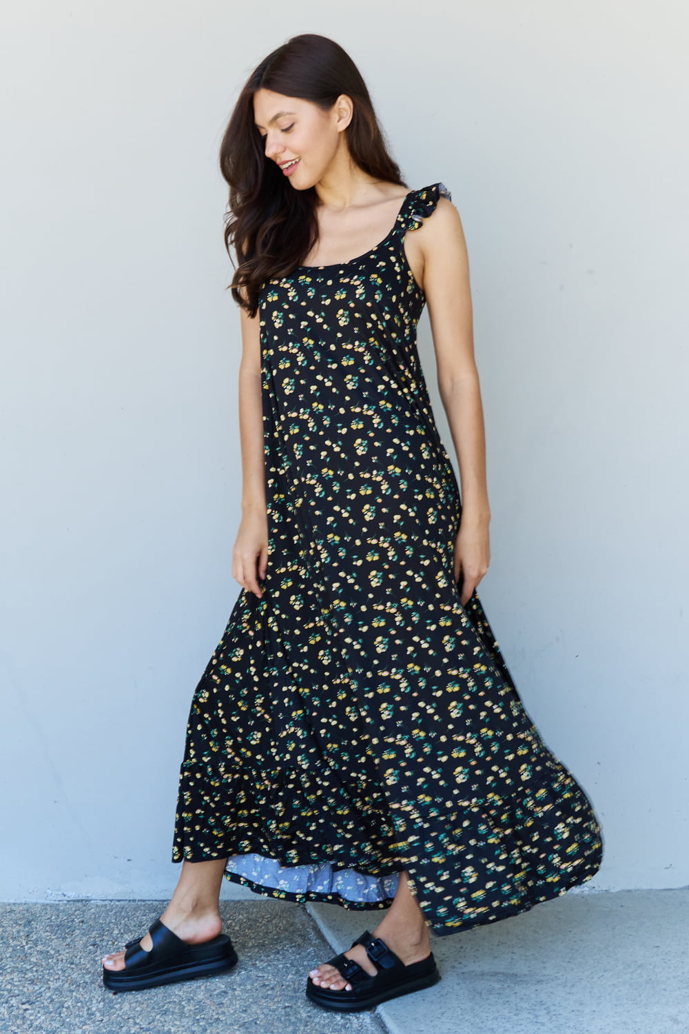 Doublju In The Garden Ruffle Floral Maxi Dress in Black Yellow Floral - Casual & Maxi Dresses - FITGGINS