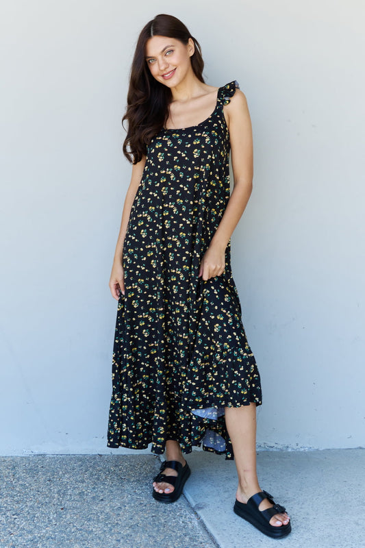 Doublju In The Garden Ruffle Floral Maxi Dress in Black Yellow Floral - Casual & Maxi Dresses - FITGGINS