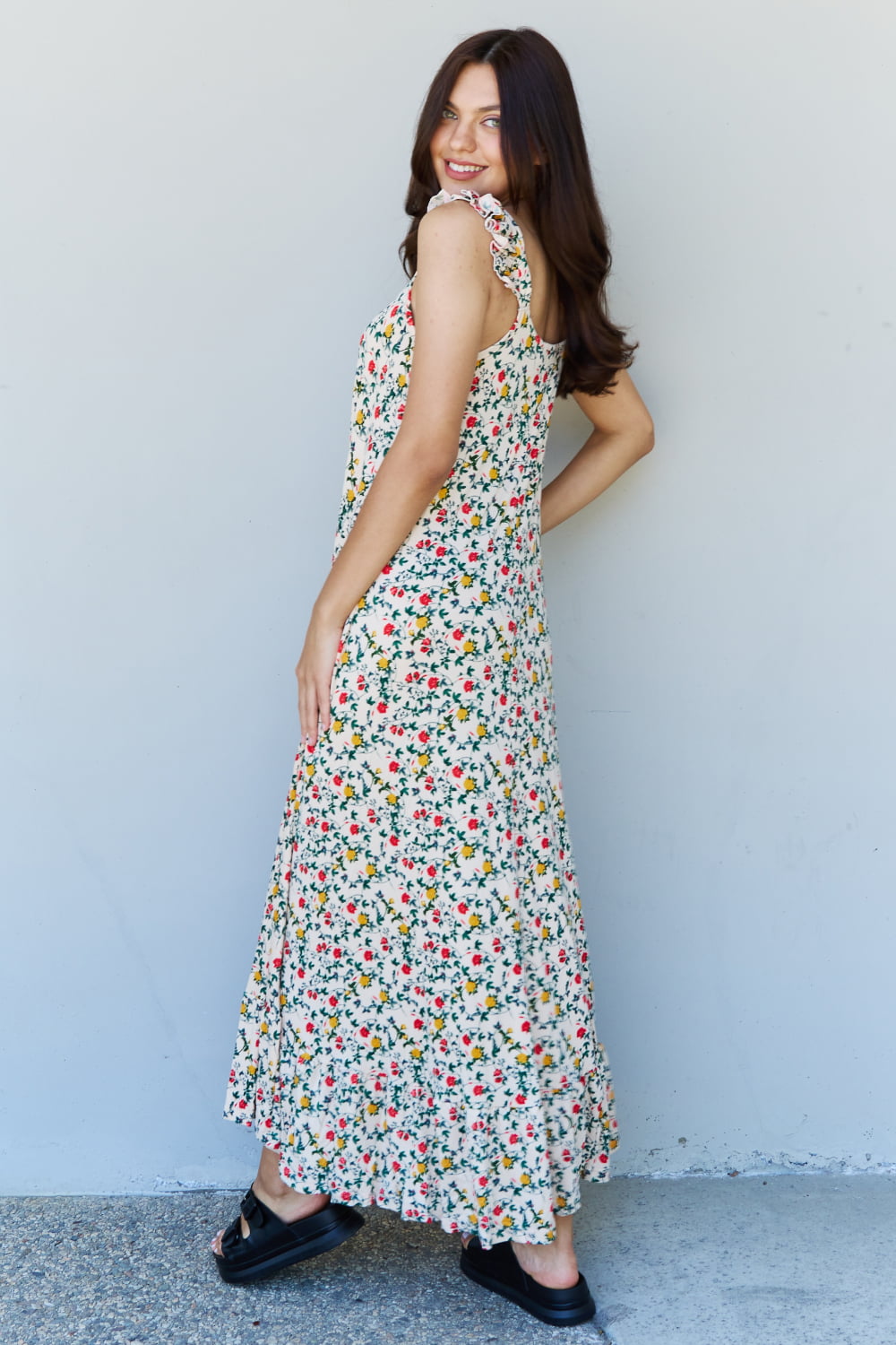 Doublju In The Garden Ruffle Floral Maxi Dress in Natural Rose - Casual & Maxi Dresses - FITGGINS