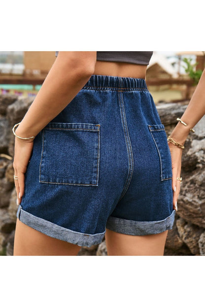 Drawstring High Waist Denim Shorts with Pockets - Denim Shorts - FITGGINS