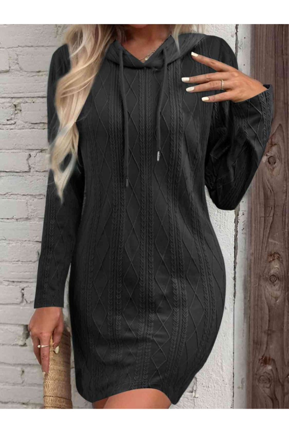 Drawstring Hooded Sweater Dress - Sweater Dresses - FITGGINS