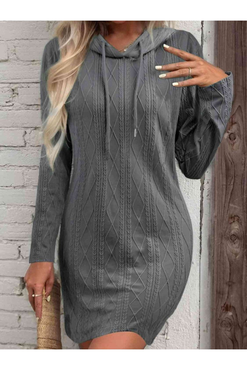 Drawstring Hooded Sweater Dress - Sweater Dresses - FITGGINS