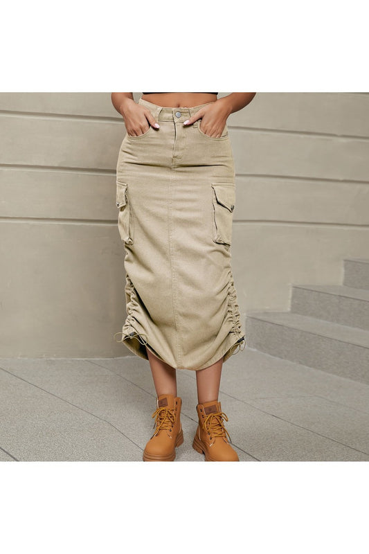Drawstring Ruched Slit Denim Midi Skirt
