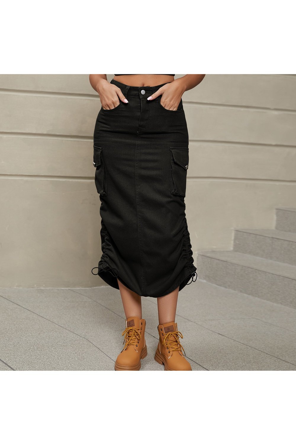 Drawstring Ruched Slit Denim Midi Skirt - Skirts - FITGGINS