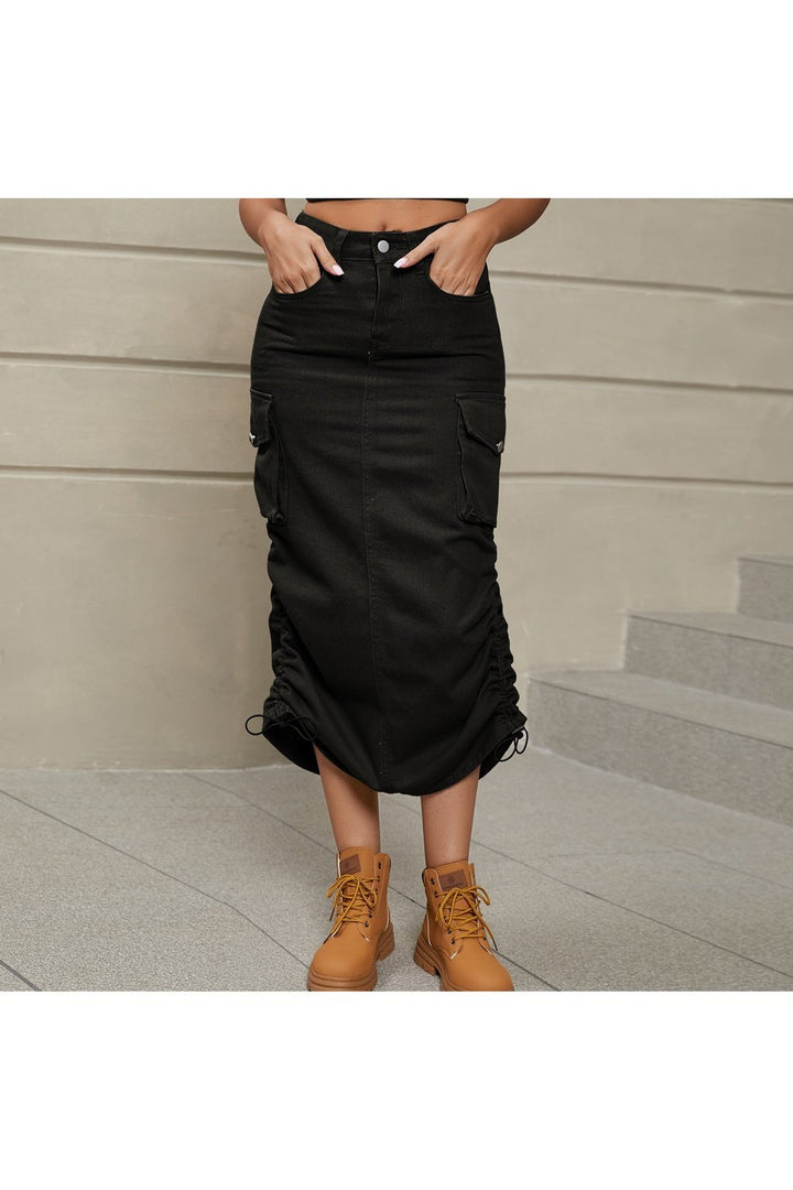 Drawstring Ruched Slit Denim Midi Skirt - Skirts - FITGGINS