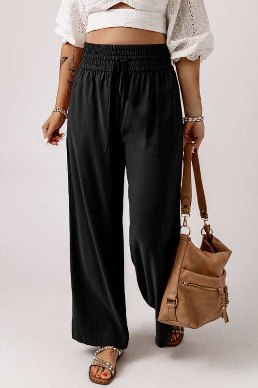 Drawstring Smocked Waist Wide Leg Pants - Pants - FITGGINS