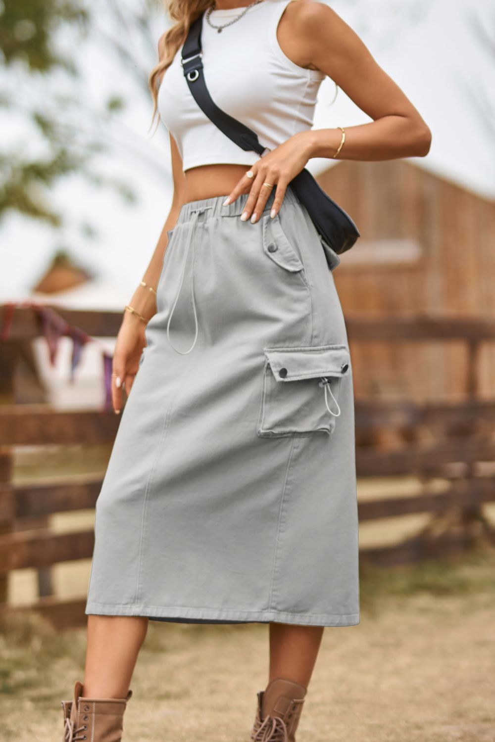 Drawstring Waist Slit Denim Skirt - Skirts - FITGGINS