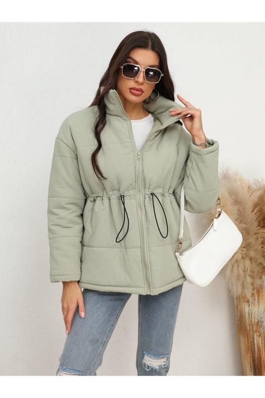 Drawstring Waist Zip-Up Puffer Jacket - Jackets - FITGGINS