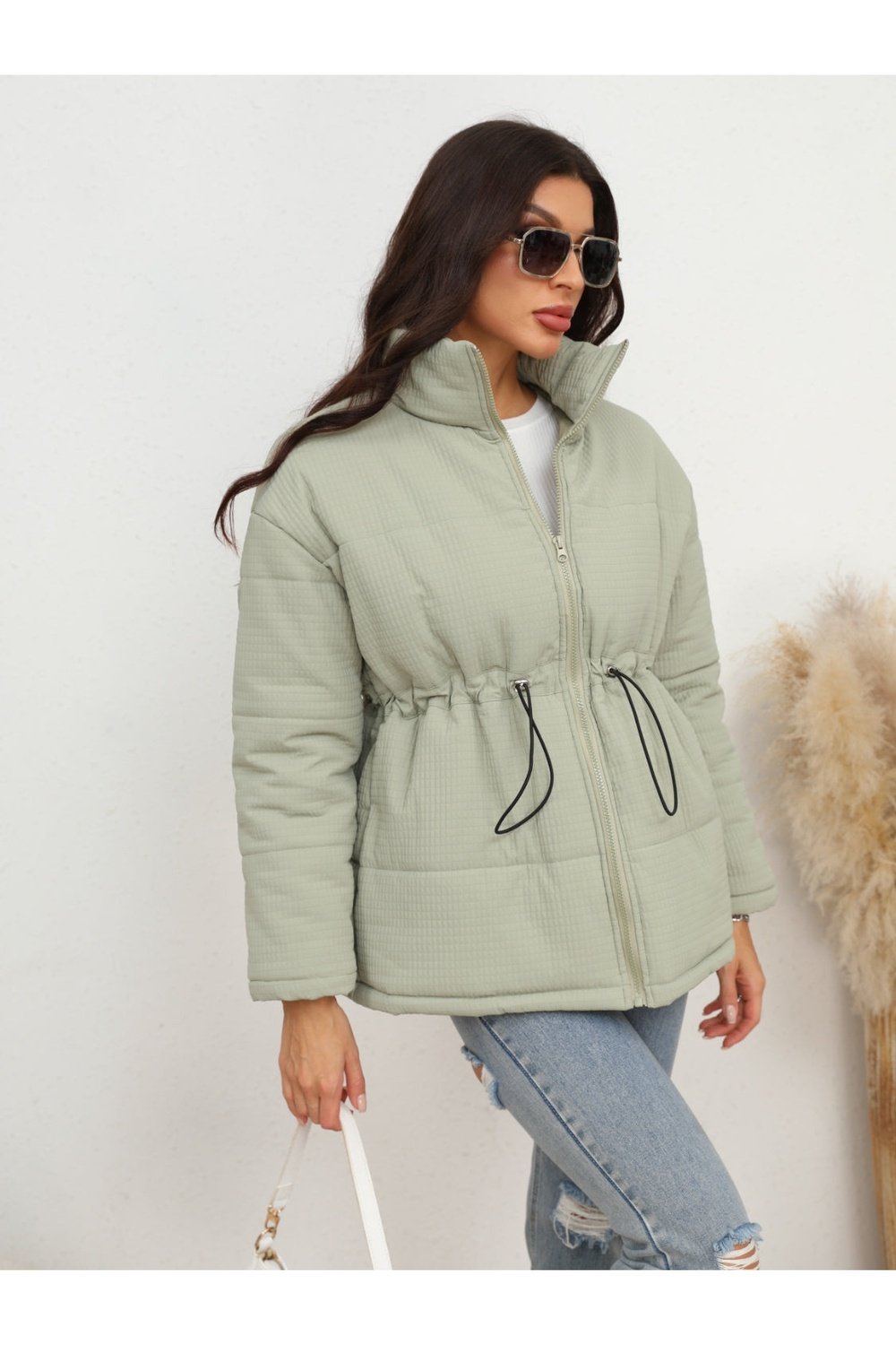 Drawstring Waist Zip-Up Puffer Jacket - Jackets - FITGGINS