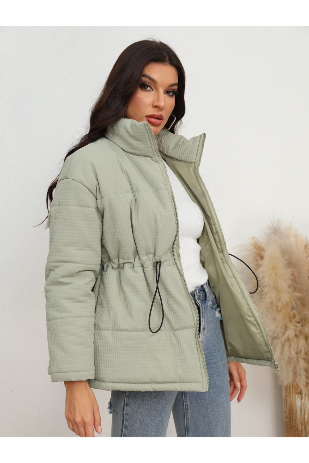 Drawstring Waist Zip-Up Puffer Jacket - Jackets - FITGGINS