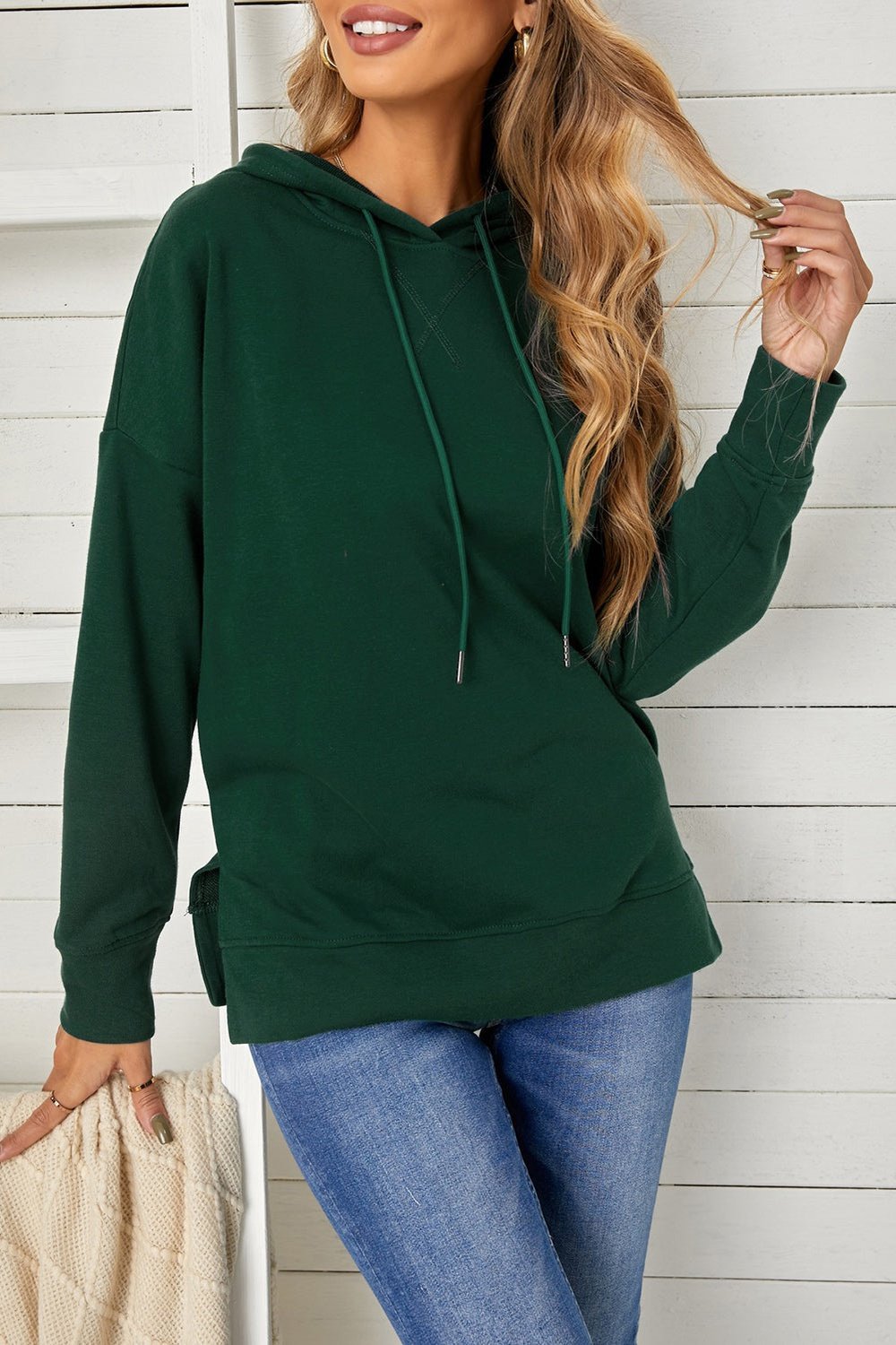 Drop Shoulder Hoodie with Slit - Sweatshirts & Hoodies - FITGGINS