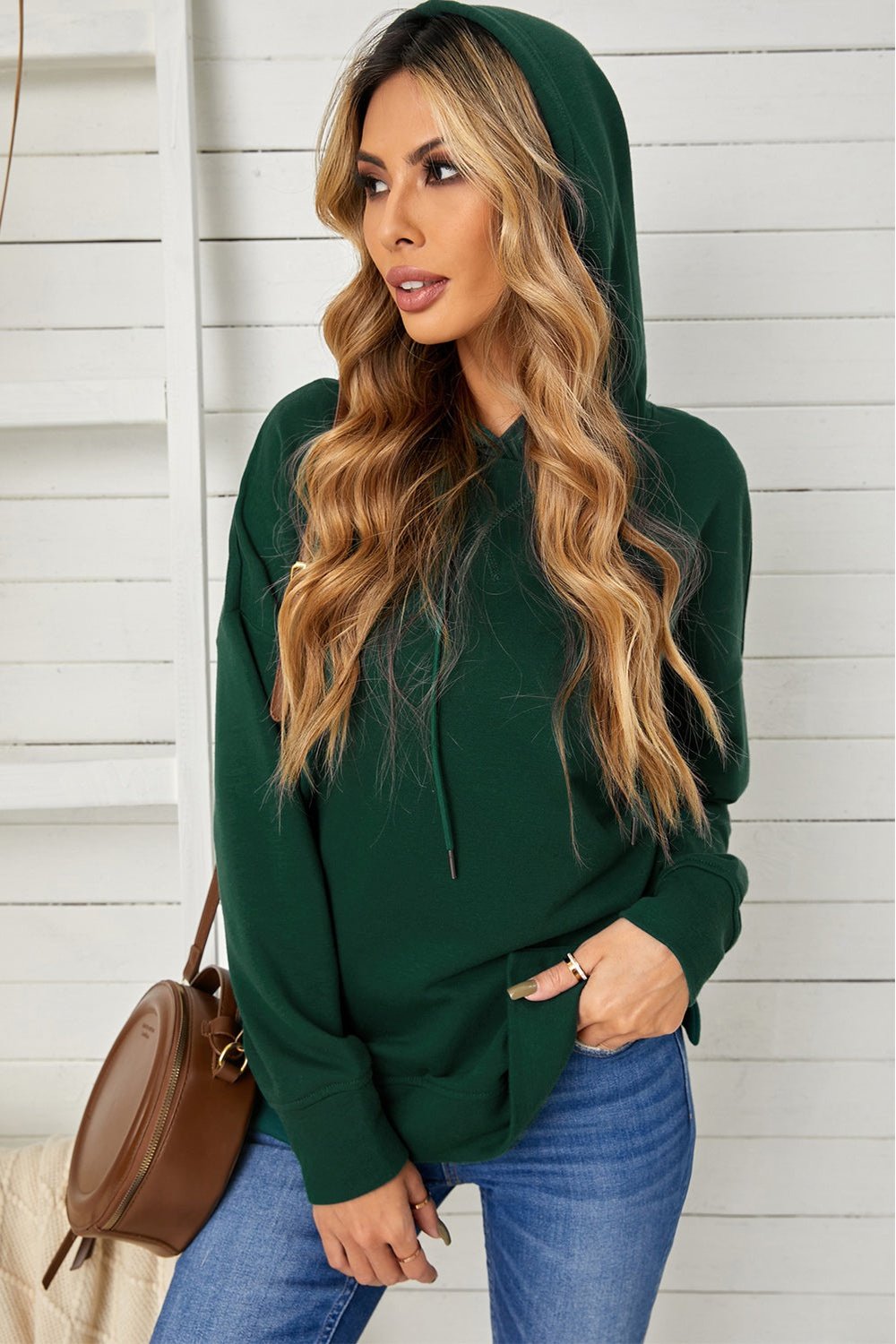 Drop Shoulder Hoodie with Slit - Sweatshirts & Hoodies - FITGGINS