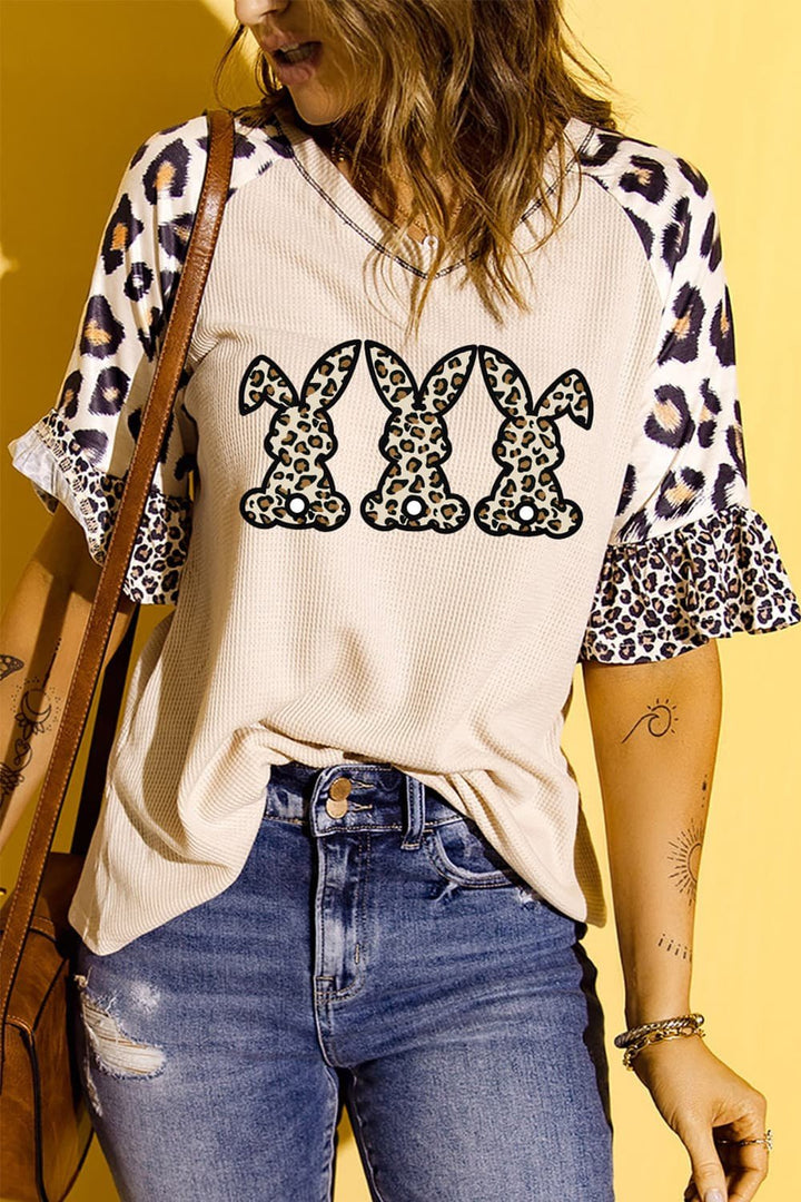 Easter Leopard Waffle-Knit Flounce Sleeve Top - T-Shirts - FITGGINS