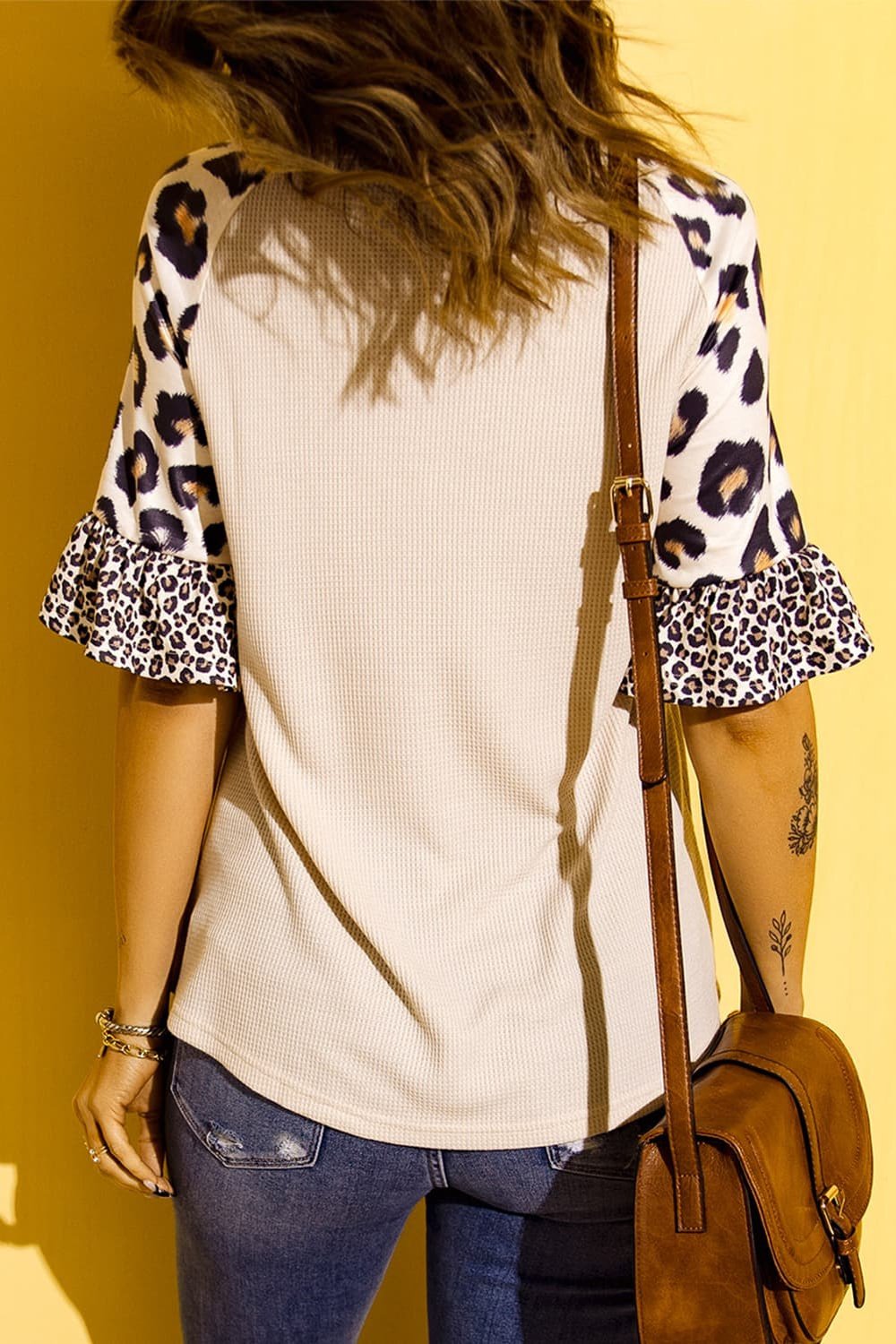 Easter Leopard Waffle-Knit Flounce Sleeve Top - T-Shirts - FITGGINS