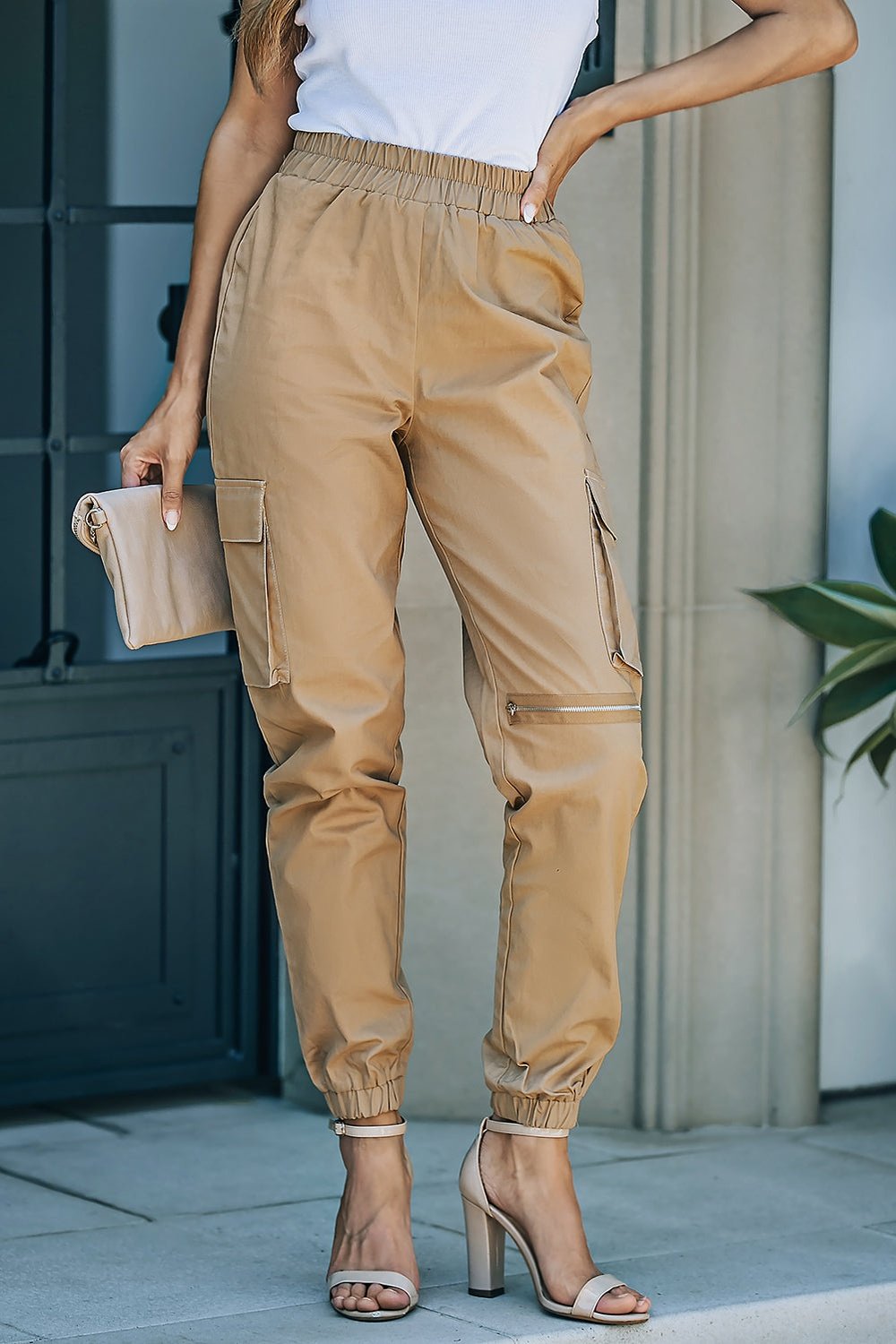 Elastic Waist Ankle-Length Cargo Joggers - Pants - FITGGINS