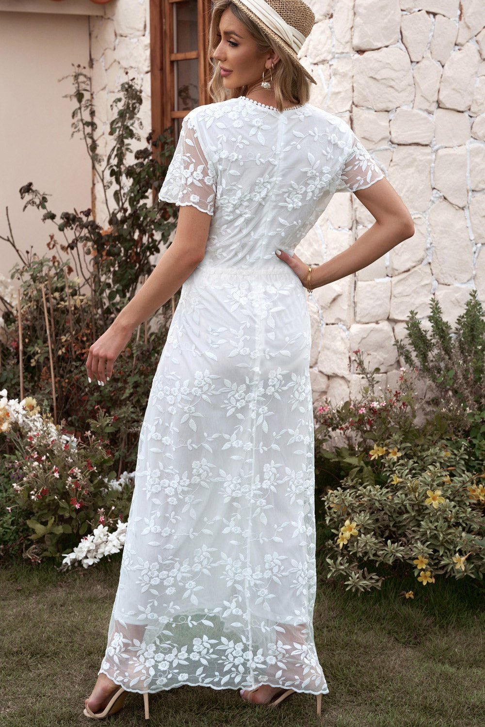Embroidered Short Sleeve Surplice Neck Maxi Dress - Casual & Maxi Dresses - FITGGINS