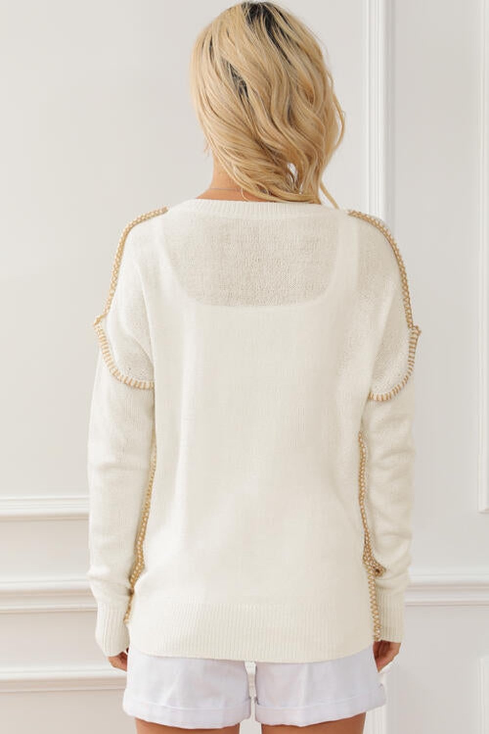 Exposed Seam Round Neck Long Sleeve Sweater - Pullover Sweaters - FITGGINS