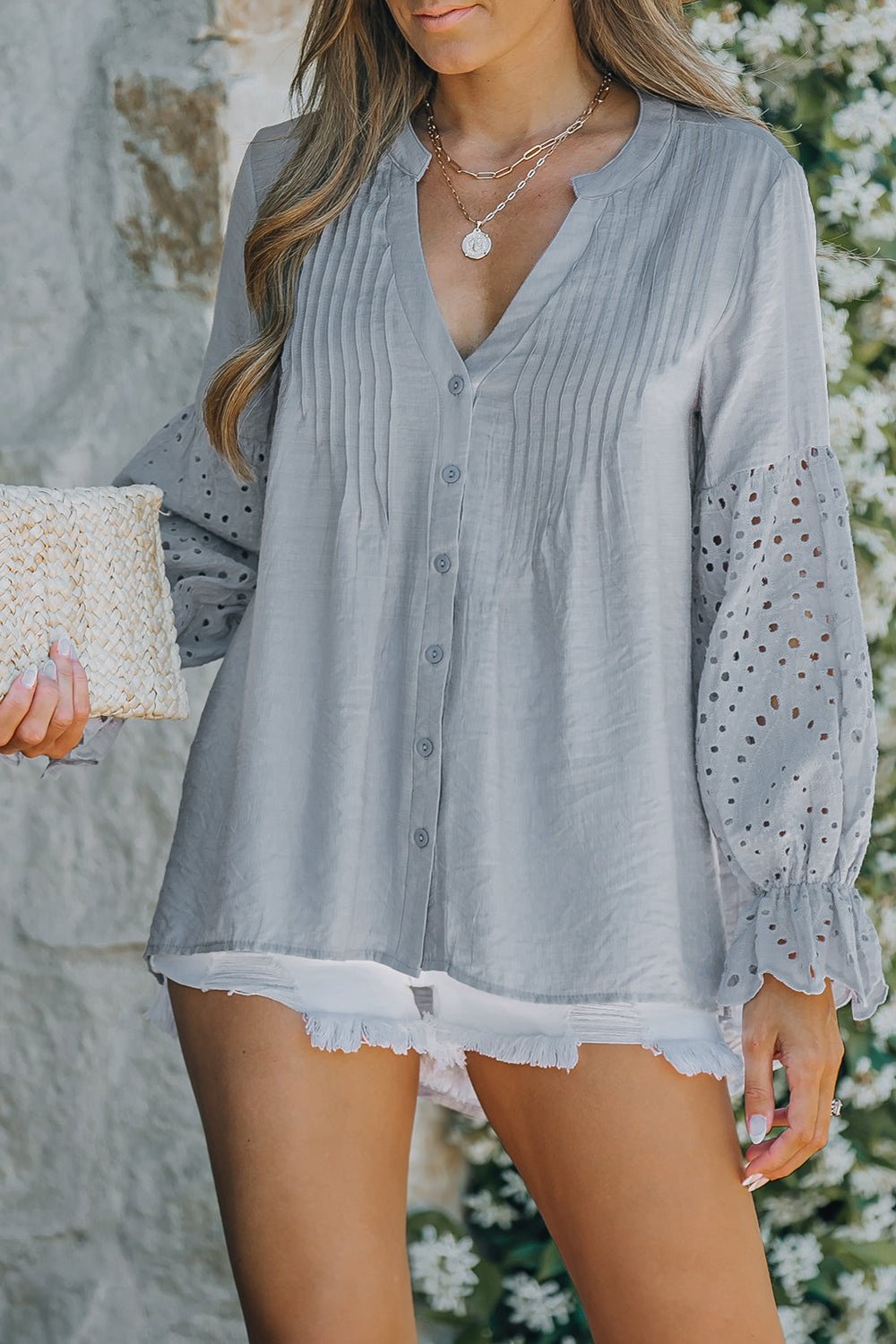 Eyelet Button Front Notched Neck Blouse - Shirts - FITGGINS