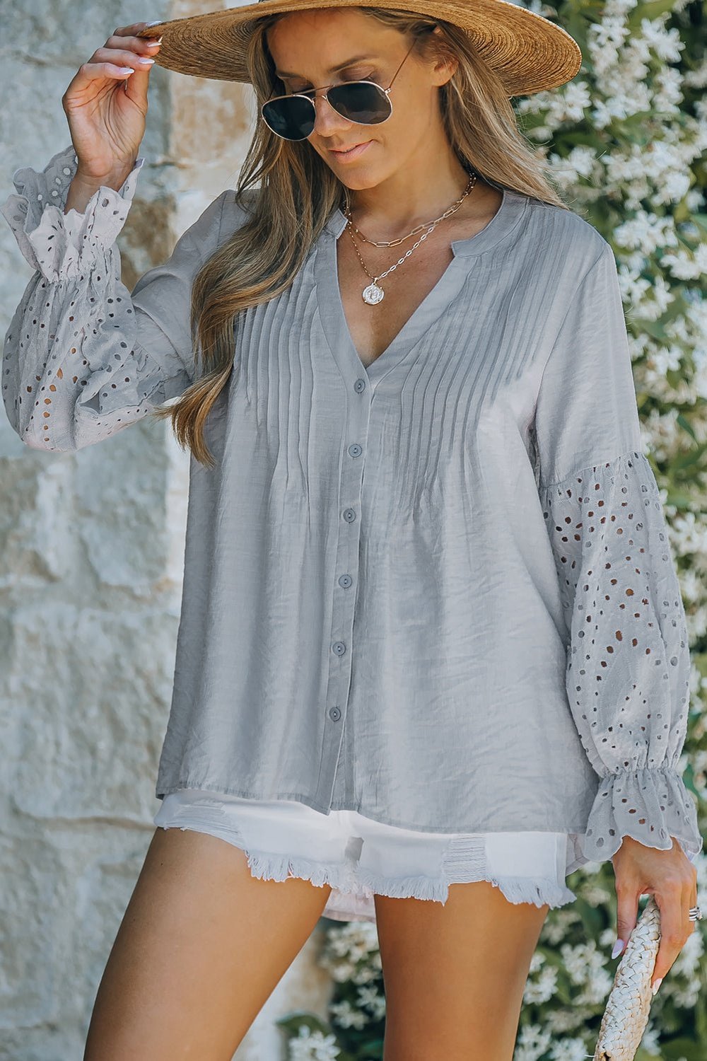 Eyelet Button Front Notched Neck Blouse - Shirts - FITGGINS