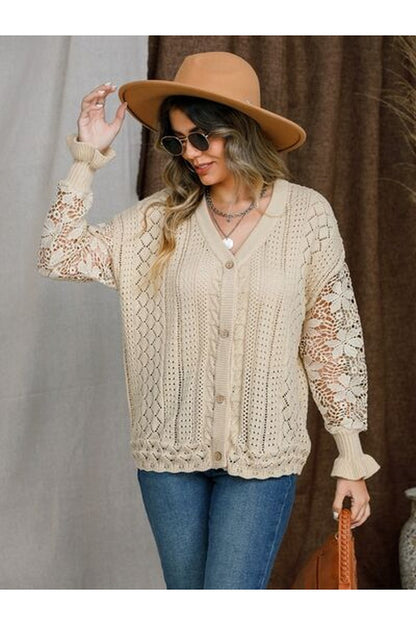 Eyelet Button Up Lantern Sleeve Cardigan - Cardigans - FITGGINS