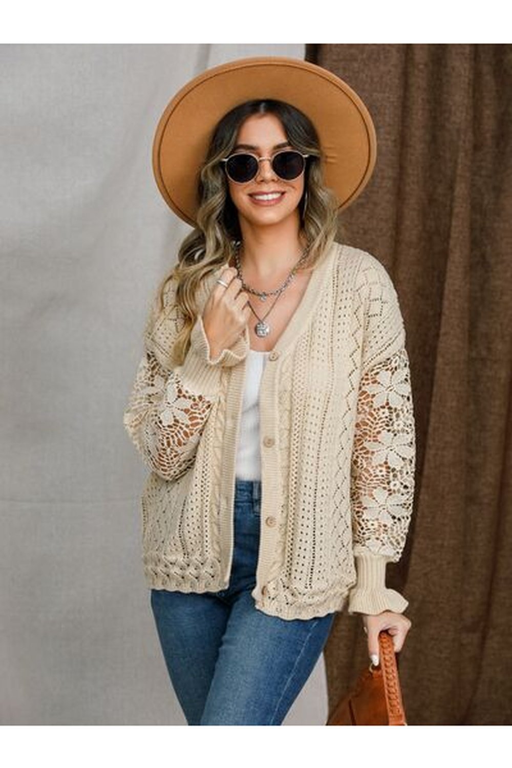 Eyelet Button Up Lantern Sleeve Cardigan - Cardigans - FITGGINS