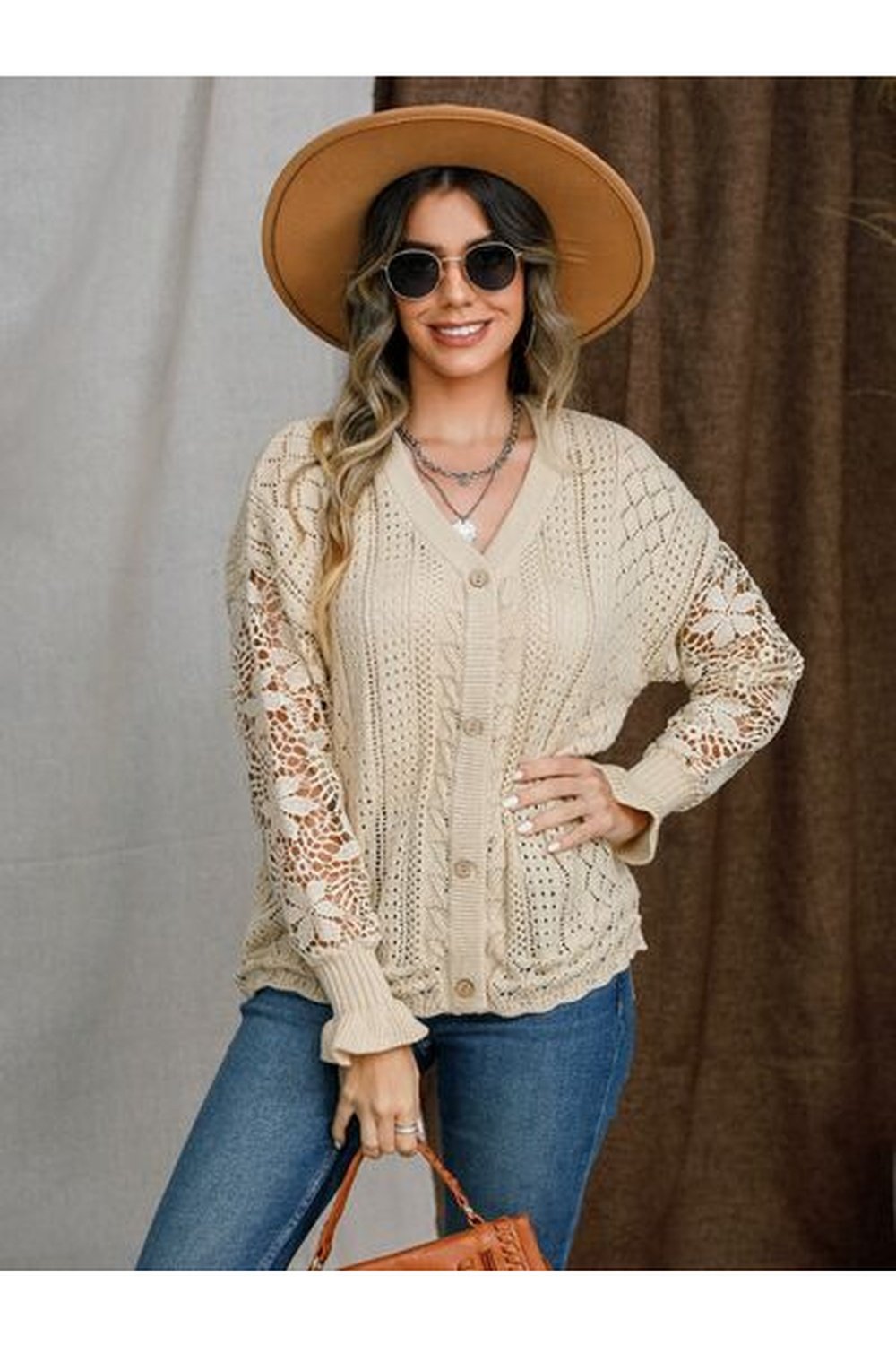 Eyelet Button Up Lantern Sleeve Cardigan - Cardigans - FITGGINS