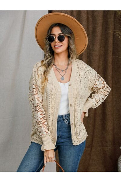 Eyelet Button Up Lantern Sleeve Cardigan - Cardigans - FITGGINS