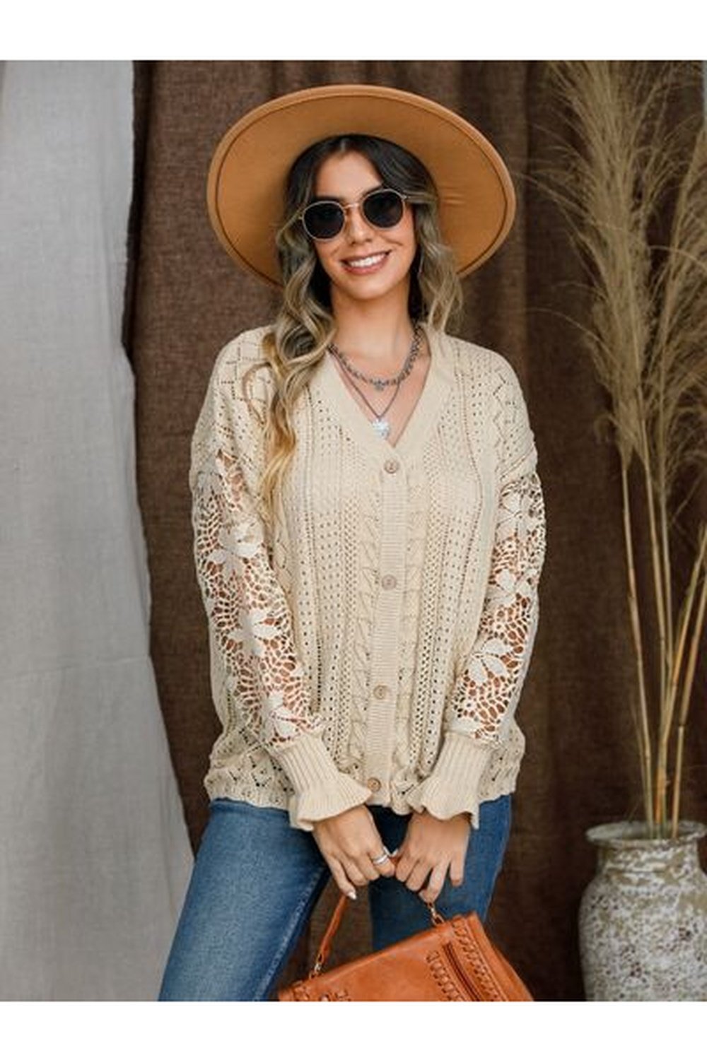 Eyelet Button Up Lantern Sleeve Cardigan - Cardigans - FITGGINS