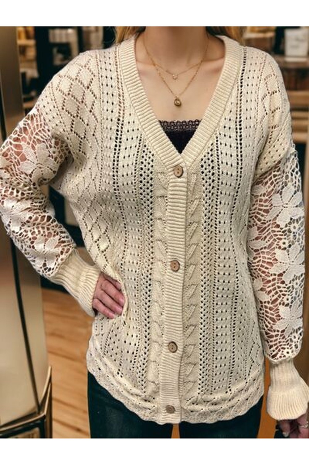 Eyelet Button Up Lantern Sleeve Cardigan - Cardigans - FITGGINS