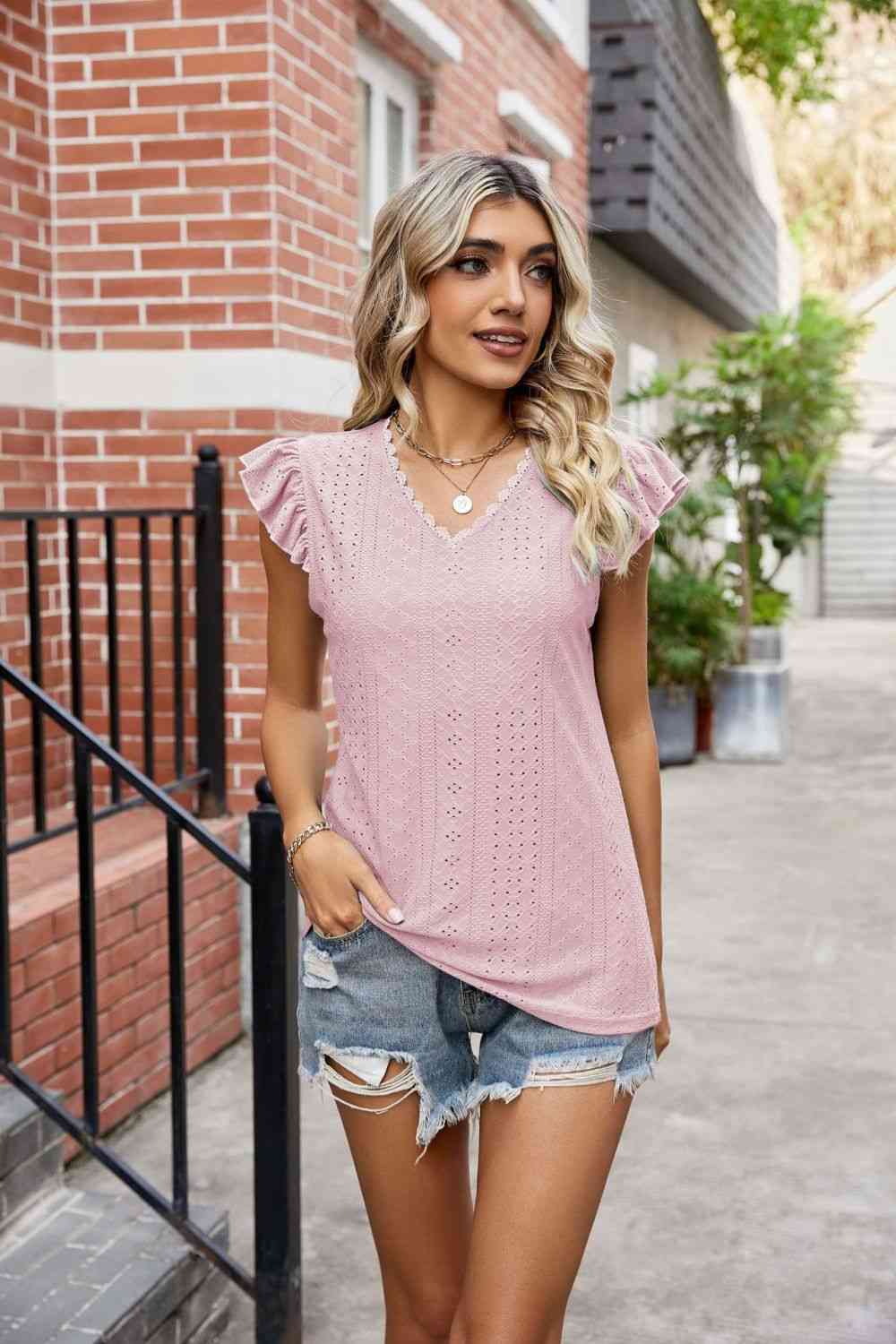 Eyelet Flutter Sleeve Scalloped V-Neck Top - Blouses - FITGGINS