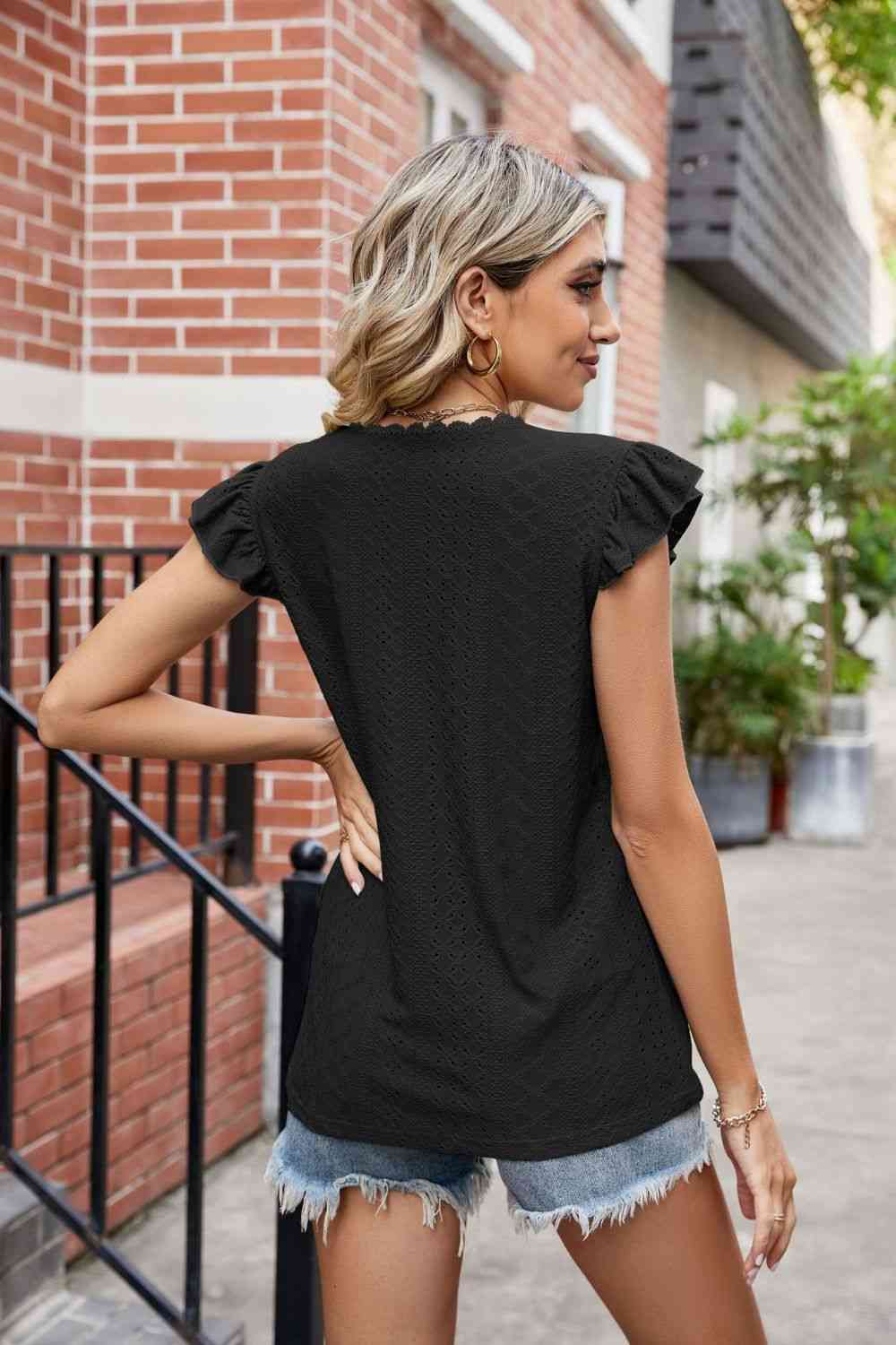 Eyelet Flutter Sleeve Scalloped V-Neck Top - Blouses - FITGGINS