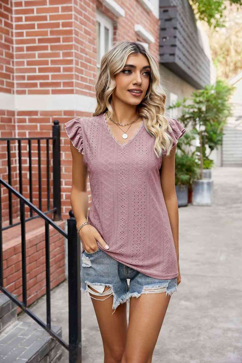 Eyelet Flutter Sleeve Scalloped V-Neck Top - Blouses - FITGGINS