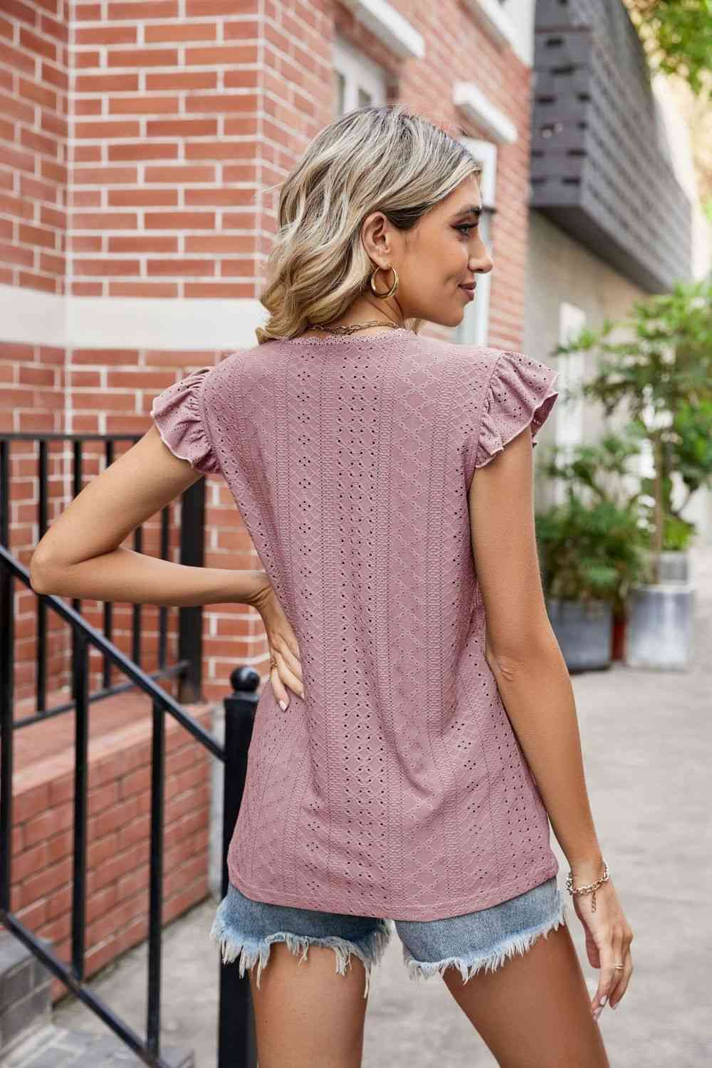 Eyelet Flutter Sleeve Scalloped V-Neck Top - Blouses - FITGGINS