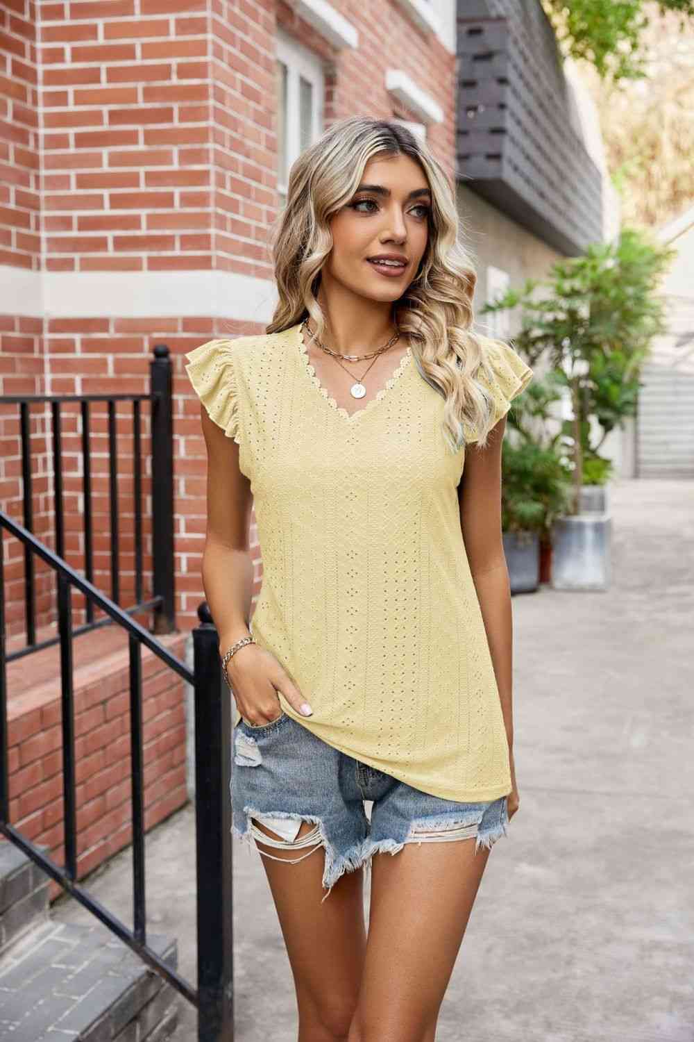 Eyelet Flutter Sleeve Scalloped V-Neck Top - Blouses - FITGGINS