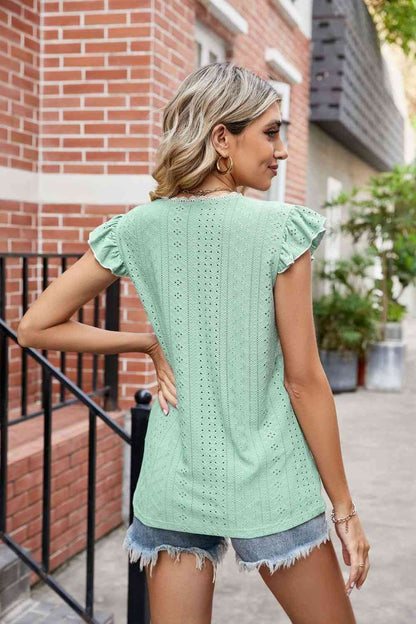 Eyelet Flutter Sleeve Scalloped V-Neck Top - Blouses - FITGGINS