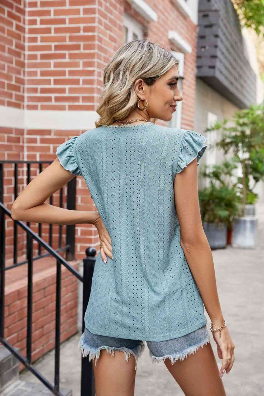 Eyelet Flutter Sleeve Scalloped V-Neck Top - Blouses - FITGGINS