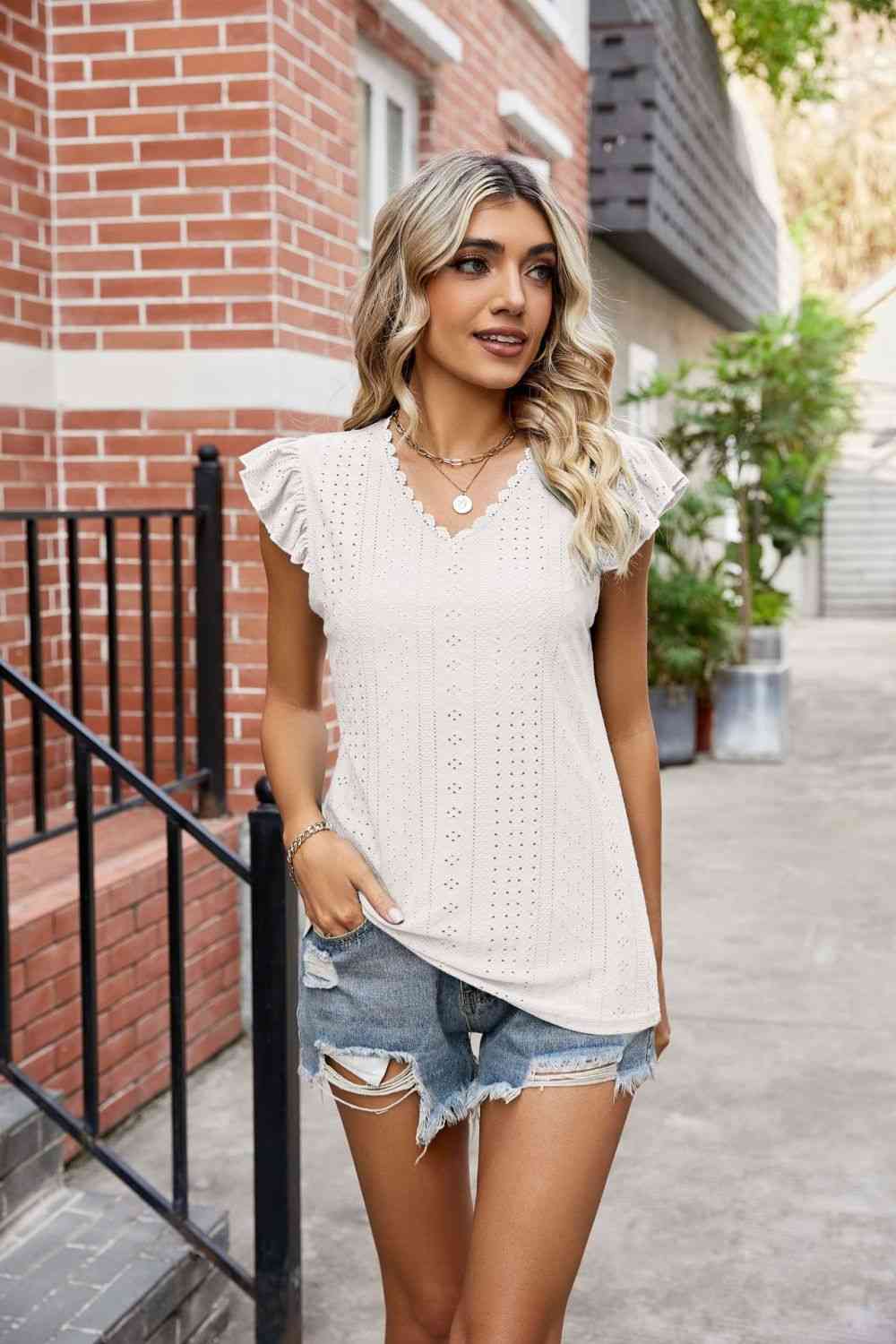 Eyelet Flutter Sleeve Scalloped V-Neck Top - Blouses - FITGGINS