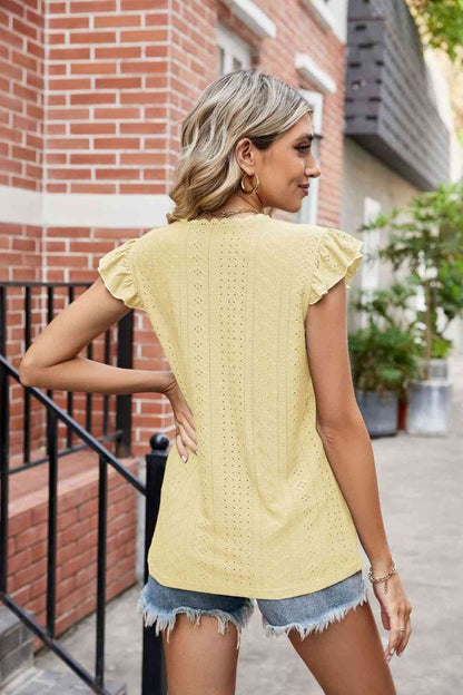 Eyelet Flutter Sleeve Scalloped V-Neck Top - Blouses - FITGGINS