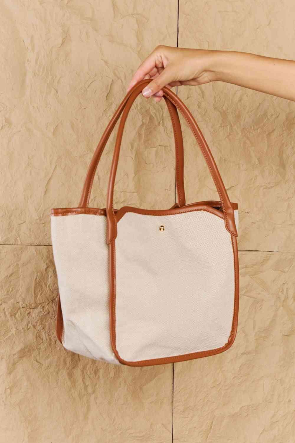 Fame Beach Chic Faux Leather Trim Tote Bag in Ochre - Handbag - FITGGINS