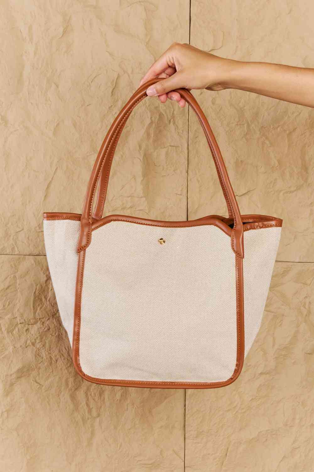 Fame Beach Chic Faux Leather Trim Tote Bag in Ochre - Handbag - FITGGINS