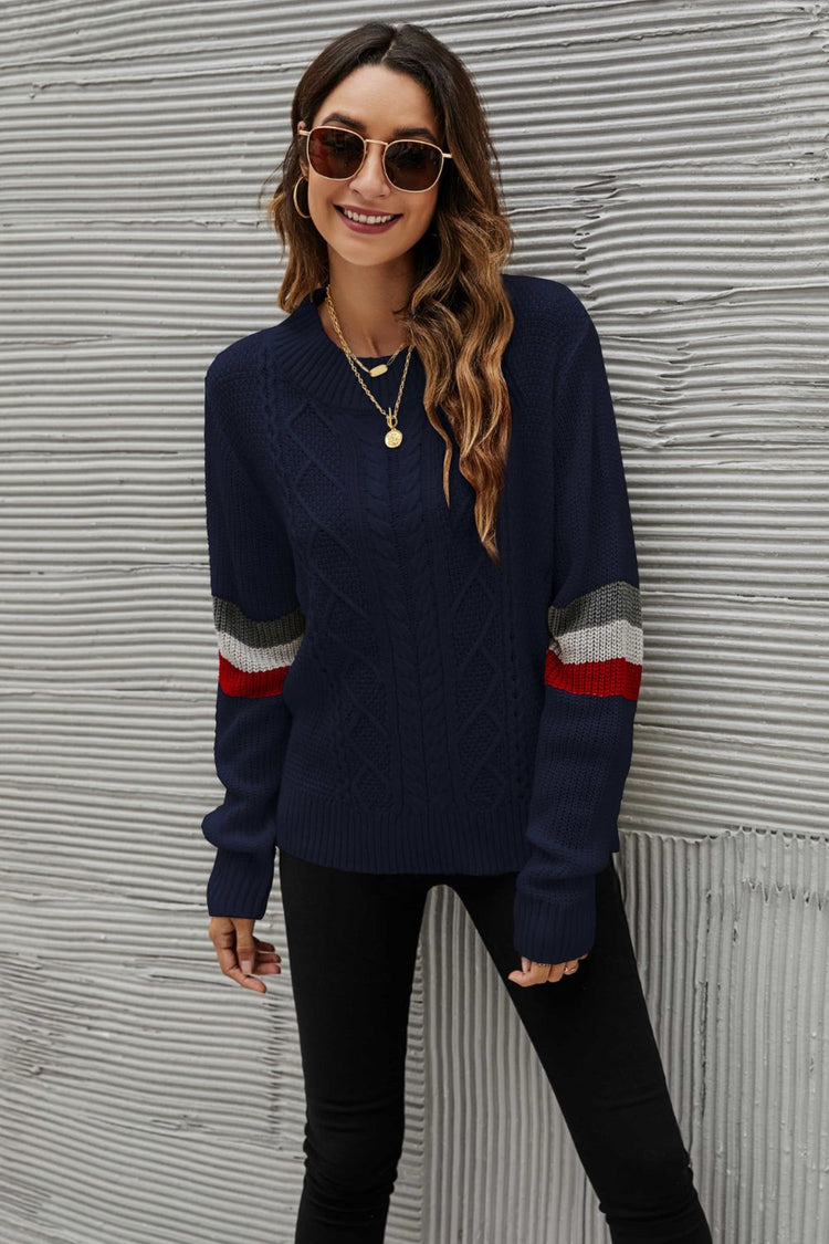 Feeling You Best Striped Cable-Knit Round Neck Sweater - Pullover Sweaters - FITGGINS